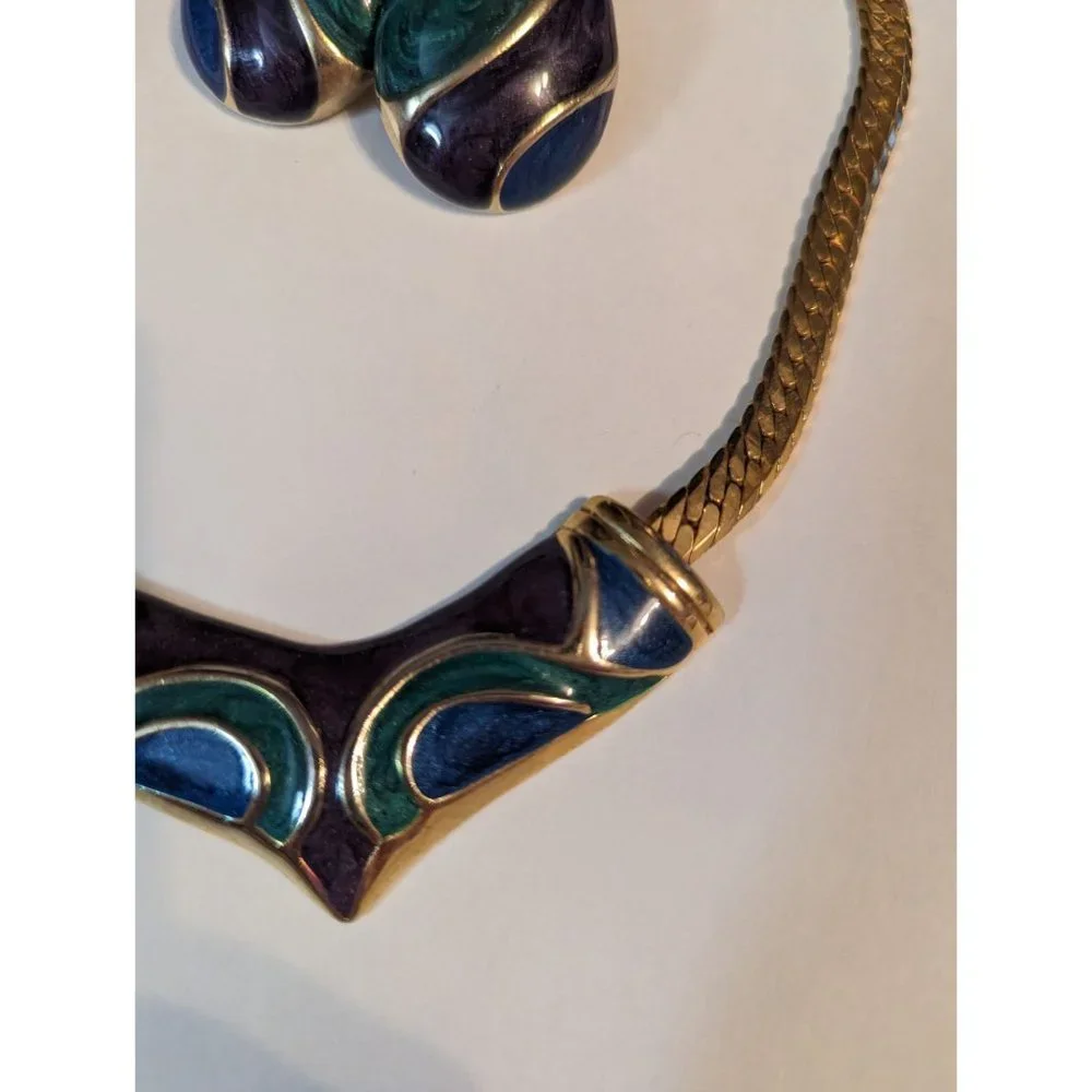 Necklace & Earring set Gold Tone‎ blue purple green herringbone style enameled